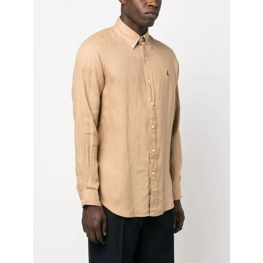 Polo Ralph Lauren Geborduurd Linnen Overhemd Beige Heren