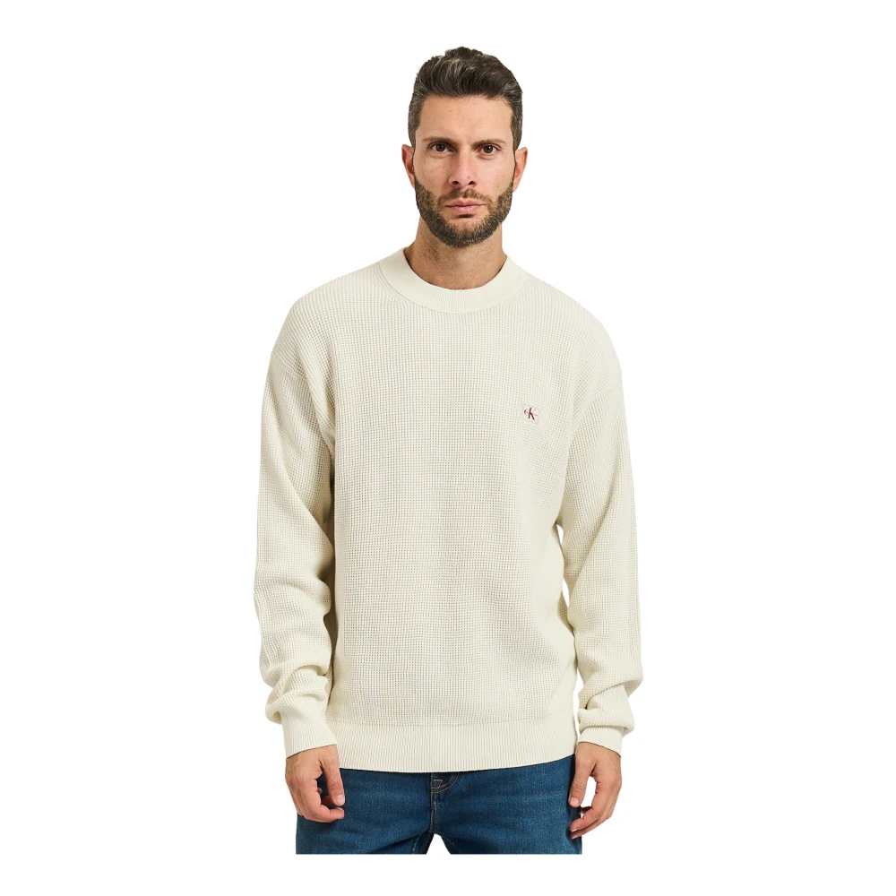 Calvin Klein , Round-Neck Knitwear, Male, White, M, Cotton Waffle Knit Jumper