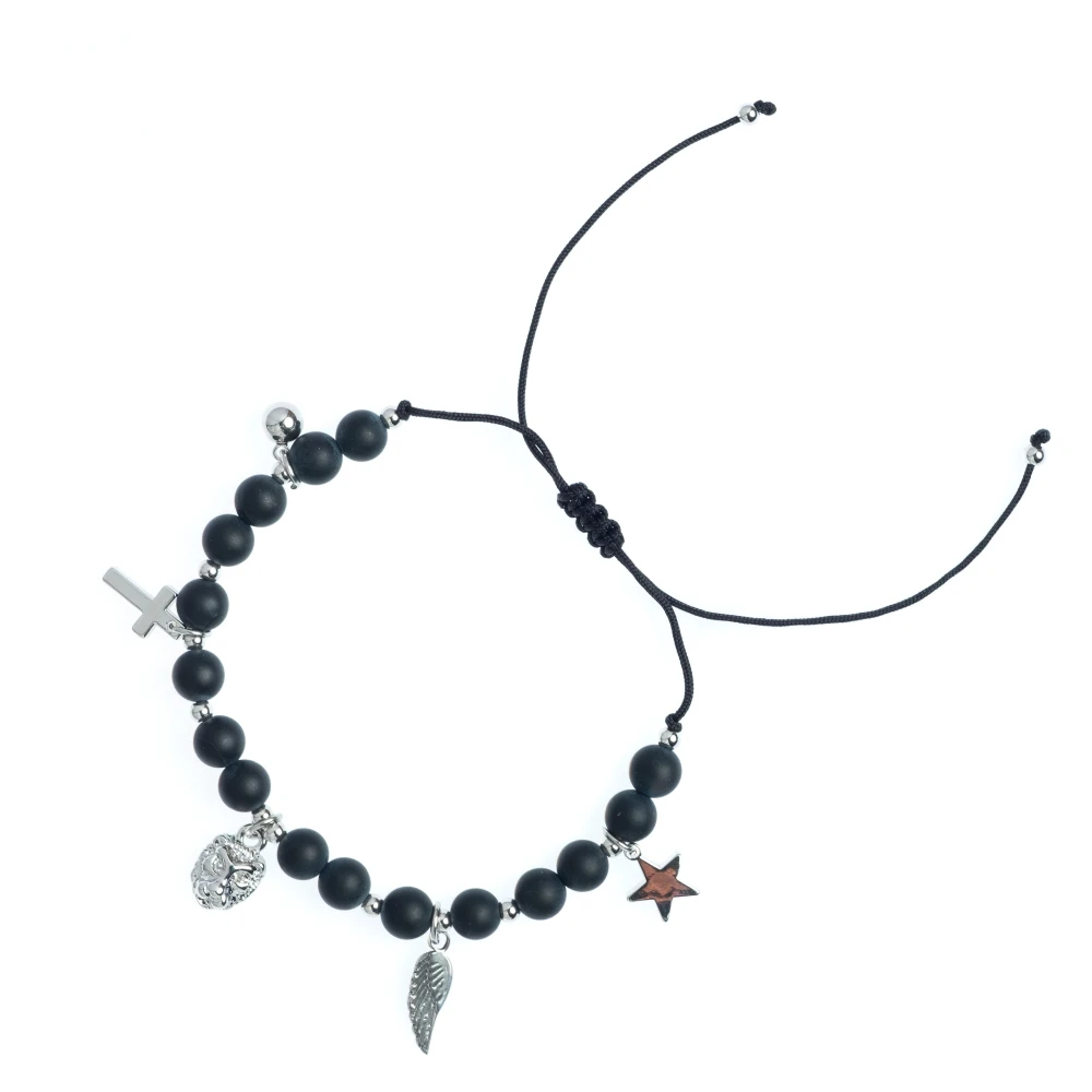 Stone Bead Bracelet 6 MM W/Charms - Matte Black W/Silver