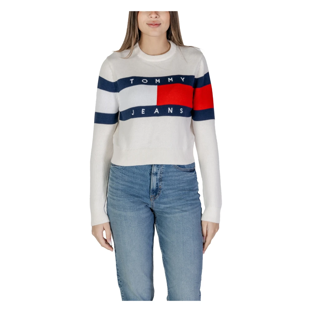 Tommy Jeans Witte Katoenen Gebreide Trui Lange Mouw Ronde Hals White Dames