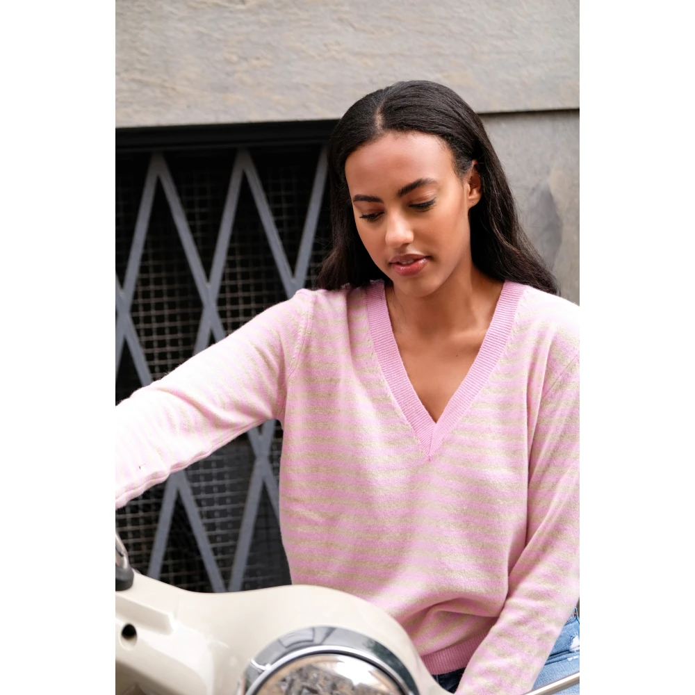 American Dreams Gestreepte V-hals kasjmier trui Pink Dames
