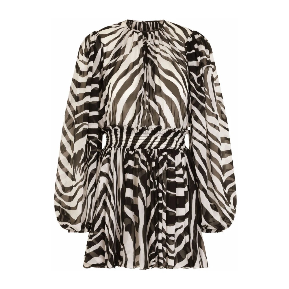 Msgm , Short Dresses, Female, Black, Xs, Black White Zebra Puff Sleeves Mini Dress - Image 3