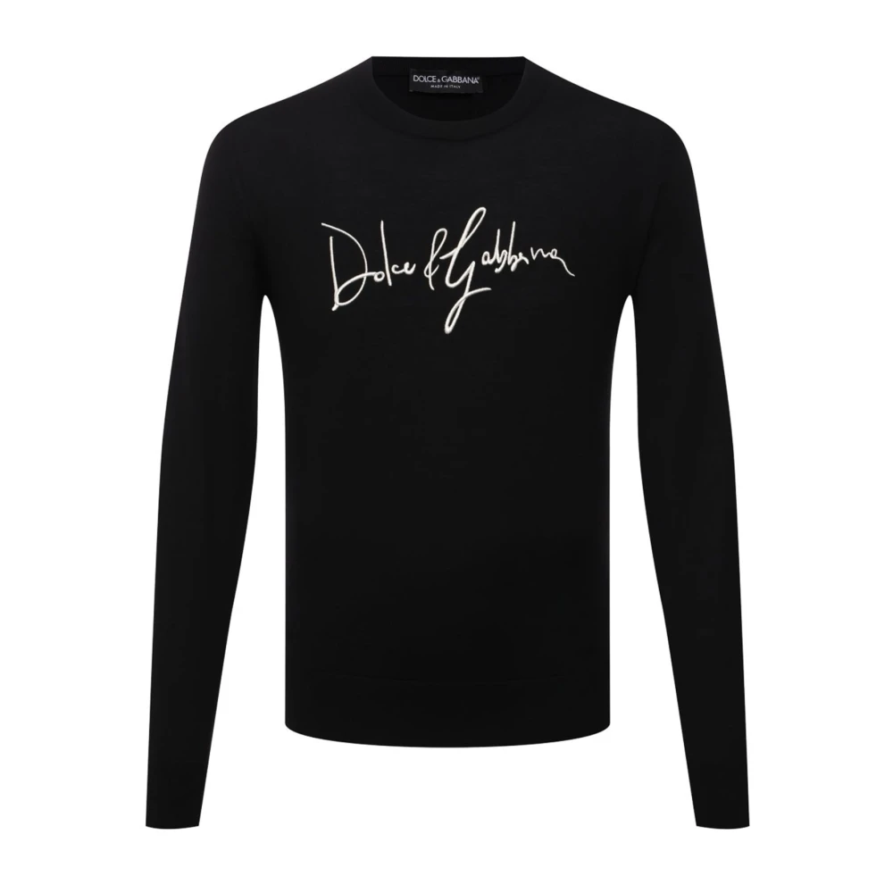 Dolce & Gabbana Zwarte Logo Geborduurde Wollen Trui Black Heren
