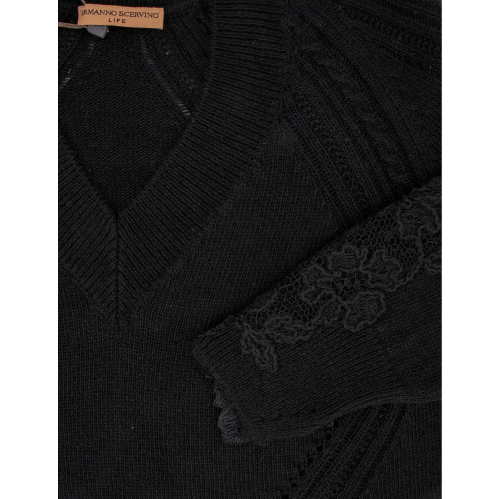 Ermanno Scervino Wollen Midi Jurk met Bloemenkant Black Dames