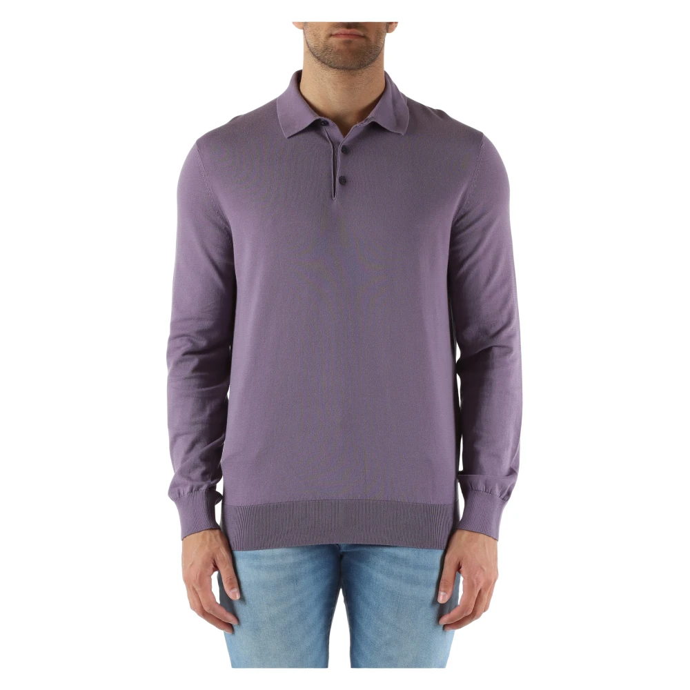 Boss Katoenen Polo Shirt Lange Mouw Geribbeld Purple Heren