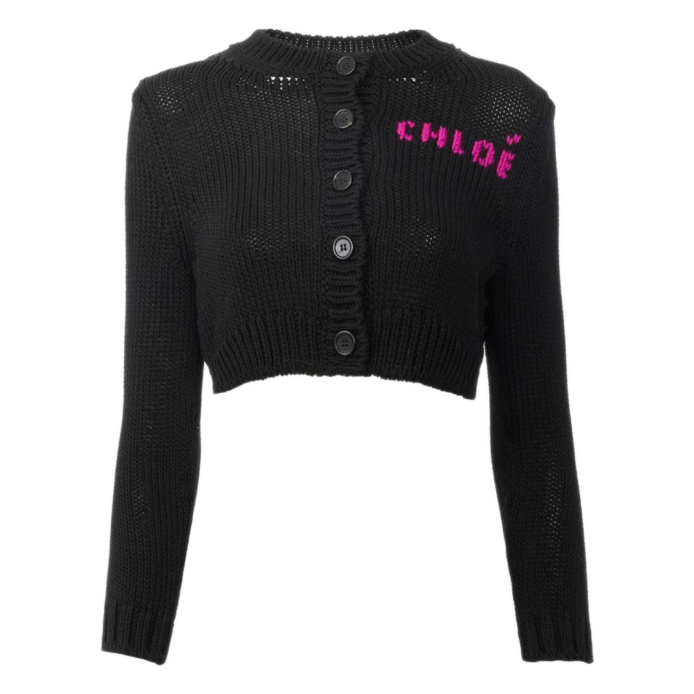 Chloé Women's Black Cardigans, L, Cropped Fitted Crew-Neck Cardigan