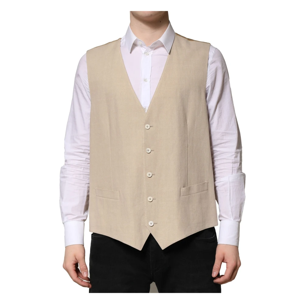 Dolce & Gabbana Men's Beige Linen Formal Dress Vest - Waistcoats - L - Suits