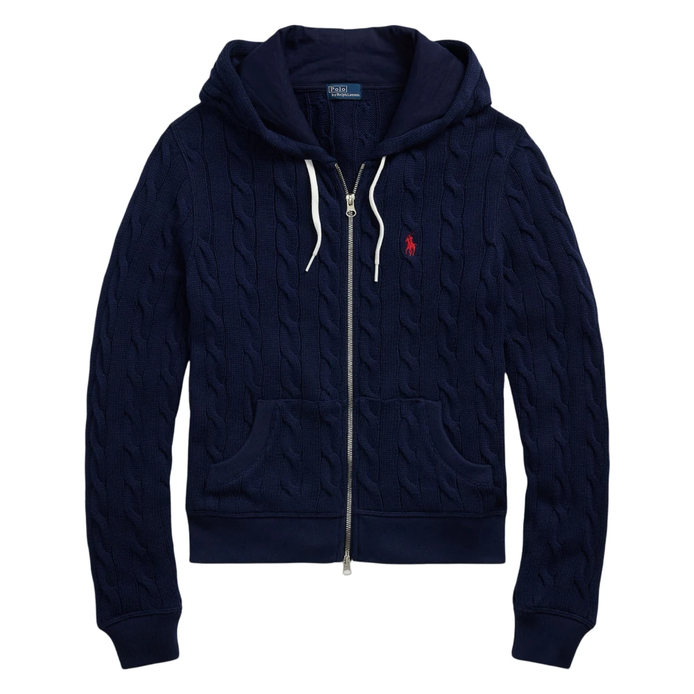 Marineblå Cable Knit Zip Hoodie Cardigan