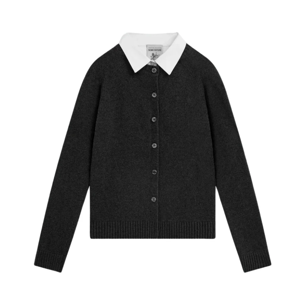 Semicouture Cardigan met raglanmouwen en popeline kraag Black Dames