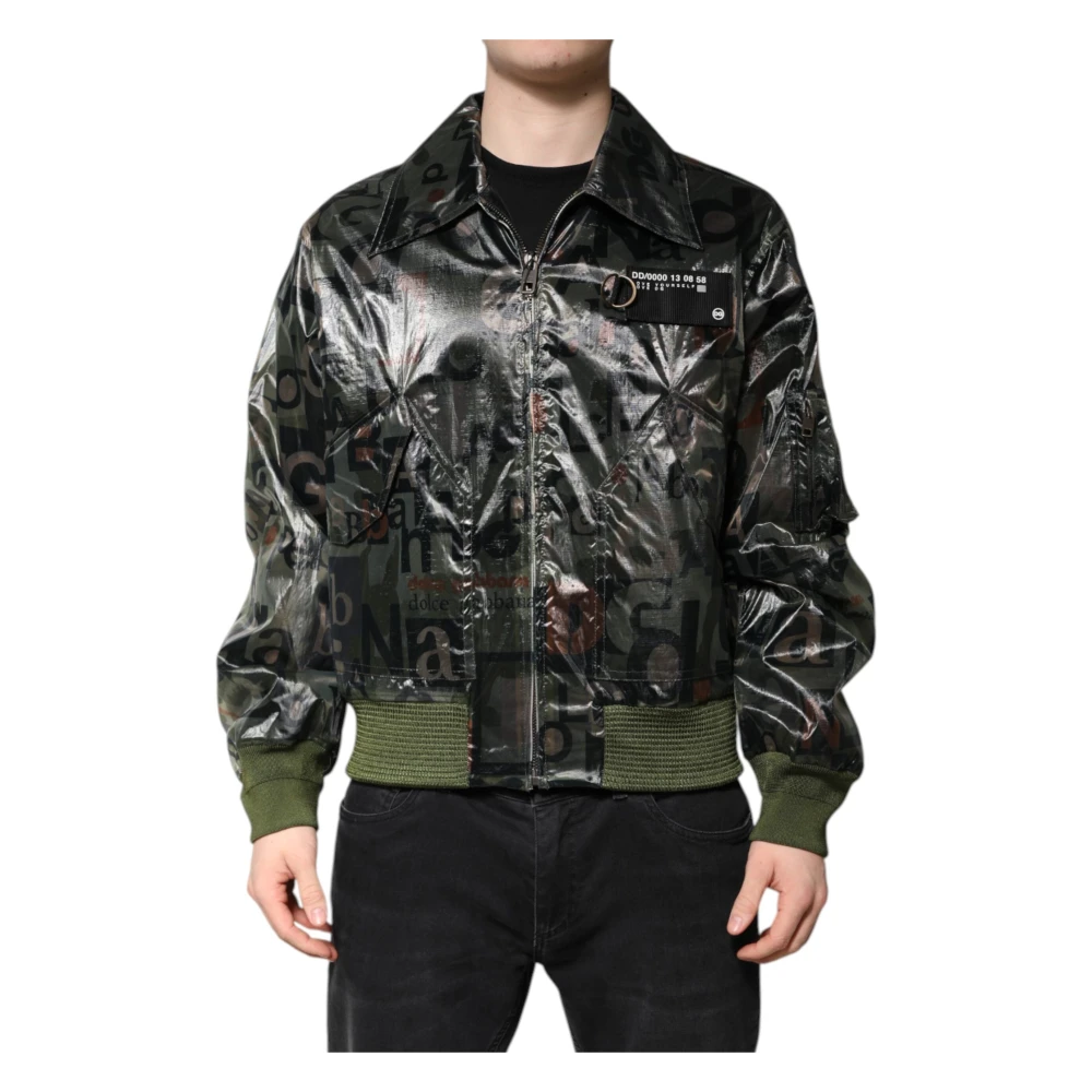 Dolce & Gabbana Men's Green Dg Logo Print Bomber Jacket