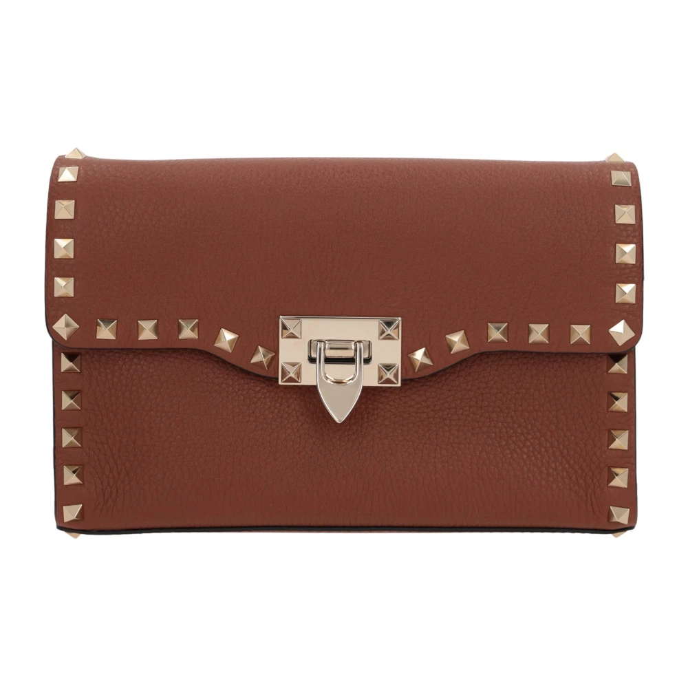 Valentino Garavani Brun Hammrad Läder Crossbody Väska med Platina Nitar Brown, Dam