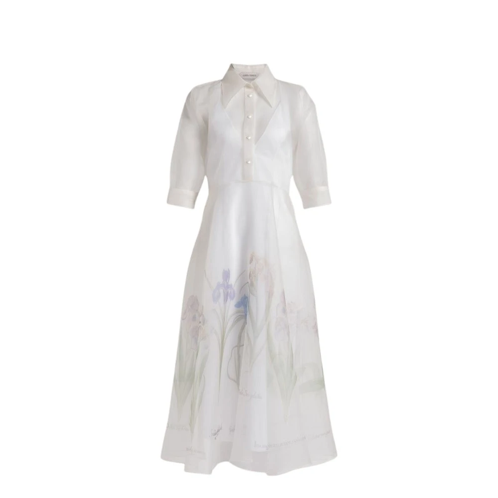 Alberta Ferretti Women's White Silk Organza Shirt Dress With Iris Print - Shirt Dresses - M - Dresses