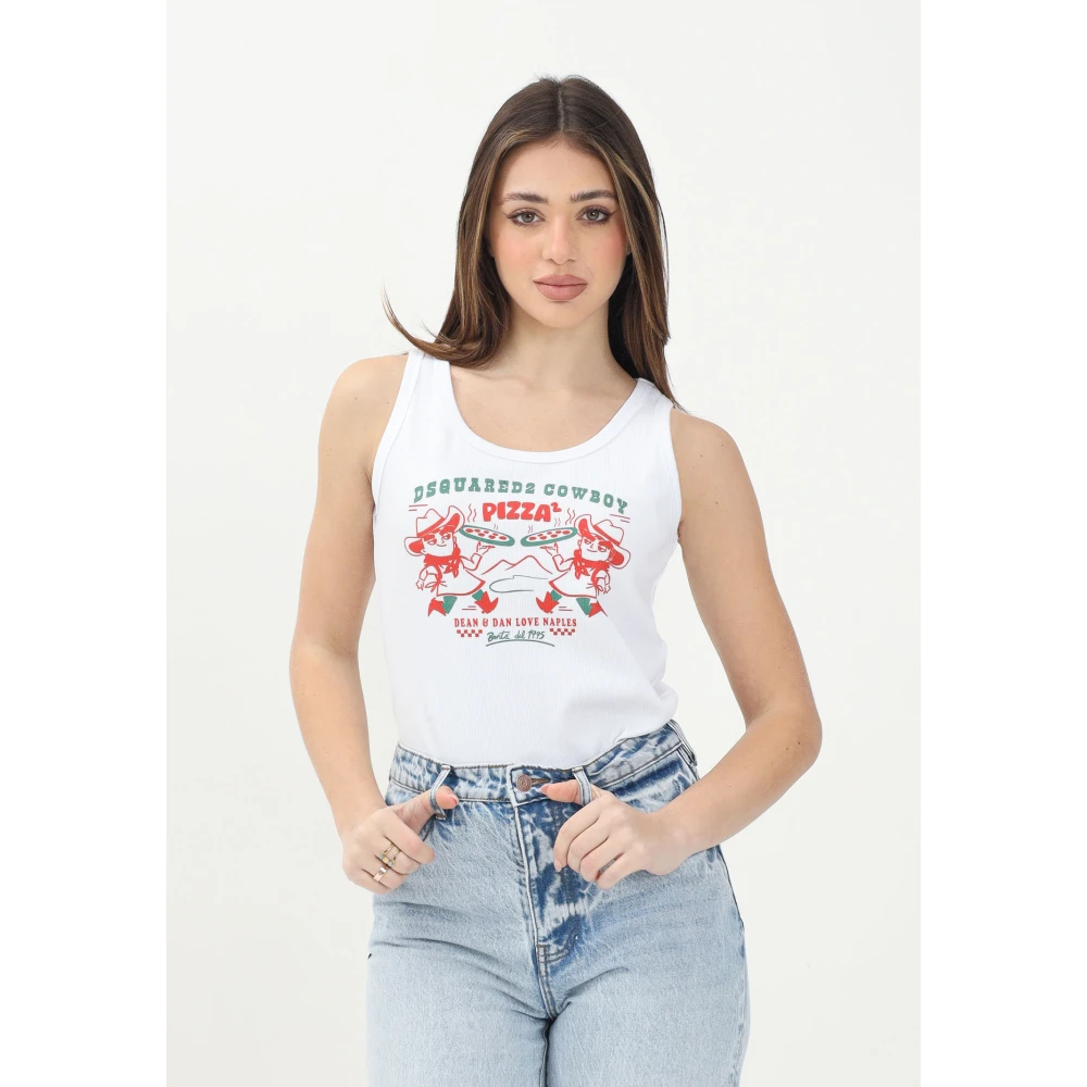 Dsquared2 Cowboy Pizza Wit Geribbeld Katoenen Hemd White Dames