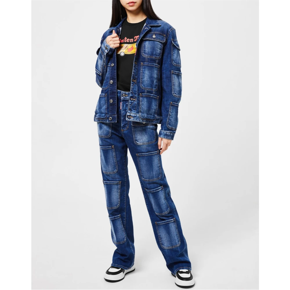 Dsquared2 Blauwe Tactische Denim Jas Knoopsluiting Blue Dames