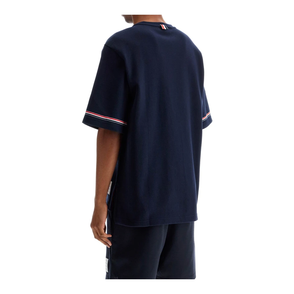 Thom Browne Navy Gestreept T-shirt met Wijde Hals Blue Heren