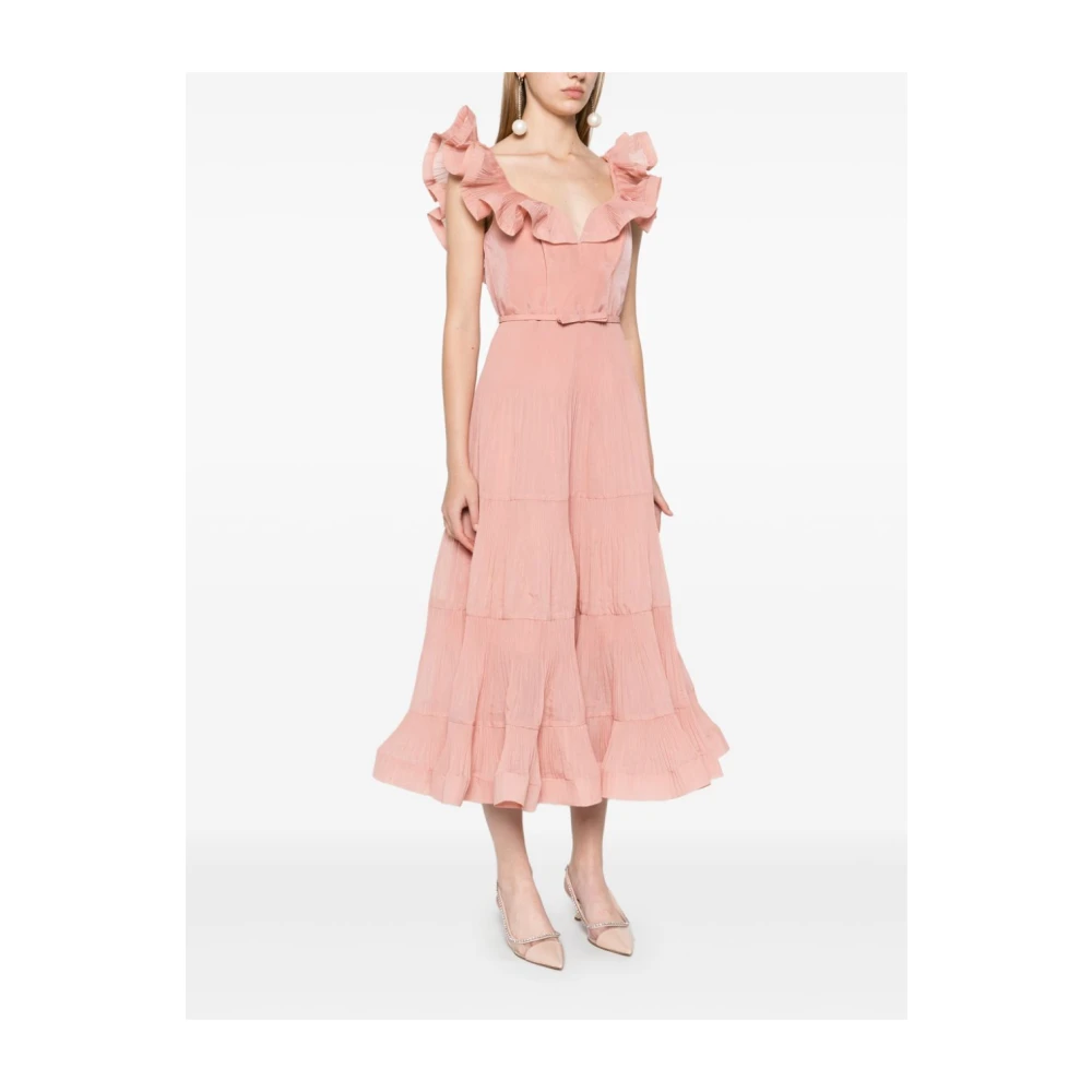 Zimmermann Koraalroze Midi Jurk met Ruche Pink Dames