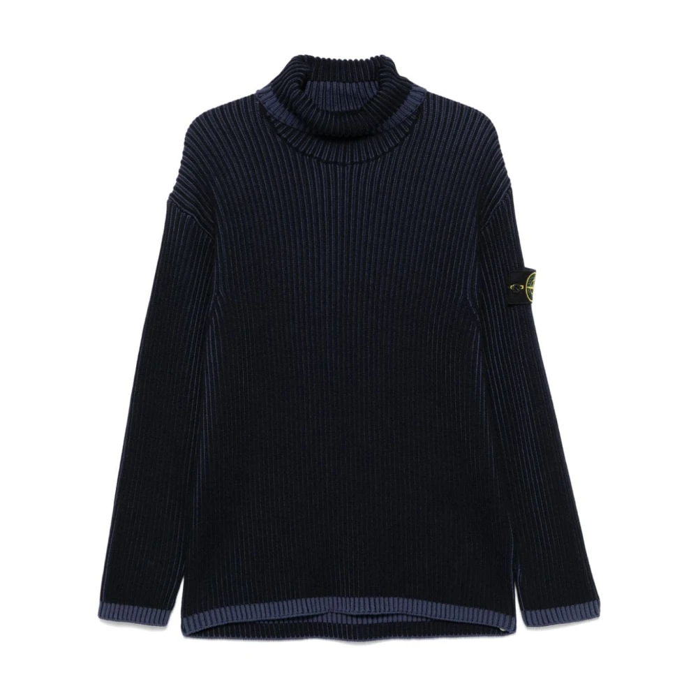 Stone Island Blauwe Ribgebreide Coltrui Sweater Blue Heren