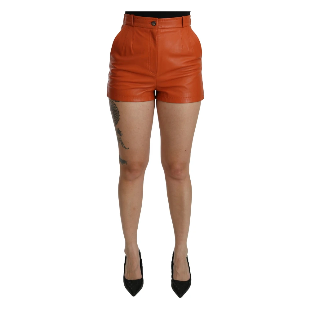 Dolce & Gabbana Women's Orange Leather High Waist Mini Shorts