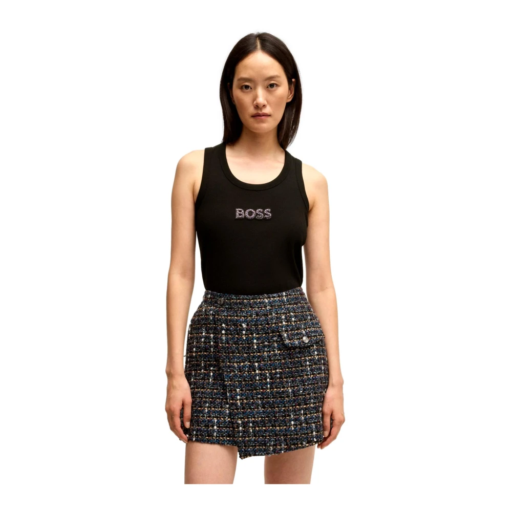Hugo Boss Geribbelde katoenen hemdje met Stonebadge Black Dames