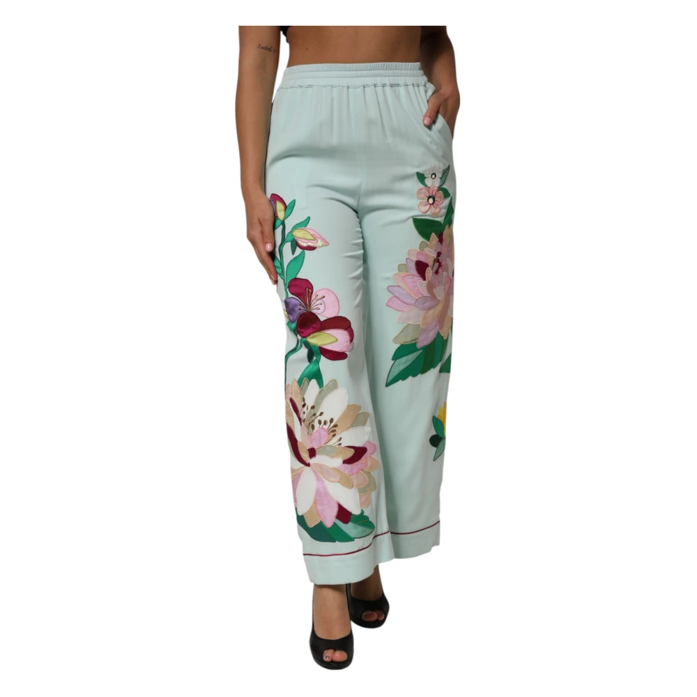 Dolce & Gabbana Women's Green Wide Trousers, S, Floral Garterized Pajama Trousers