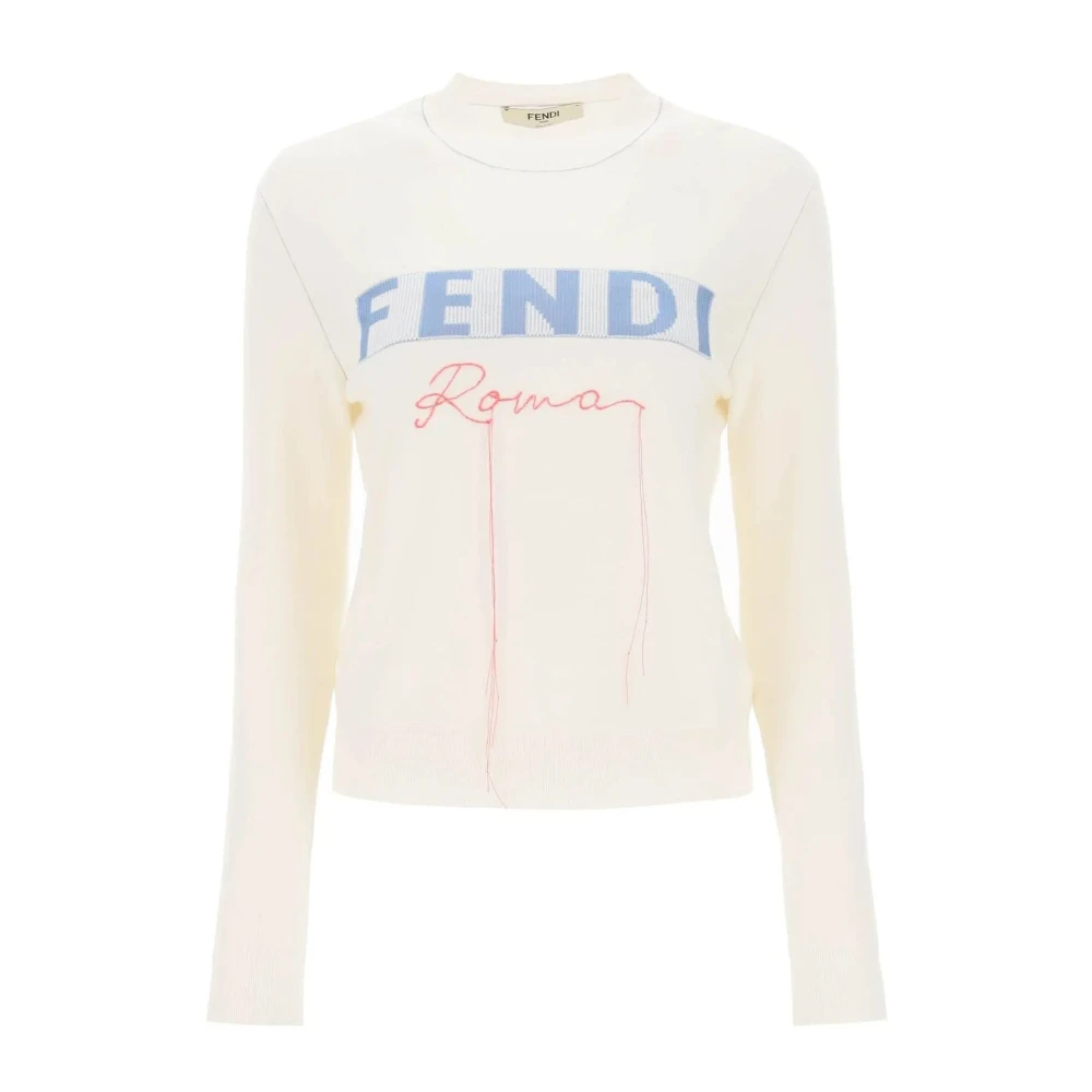Fendi Cashmere Pullover met Logo Jacquard White Dames