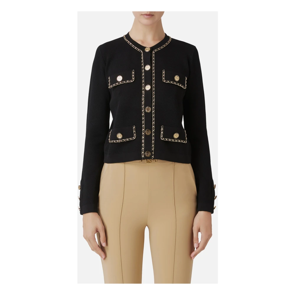 Elisabetta Franchi Zwarte Korte Honingraat Gebreide Jas Black Dames
