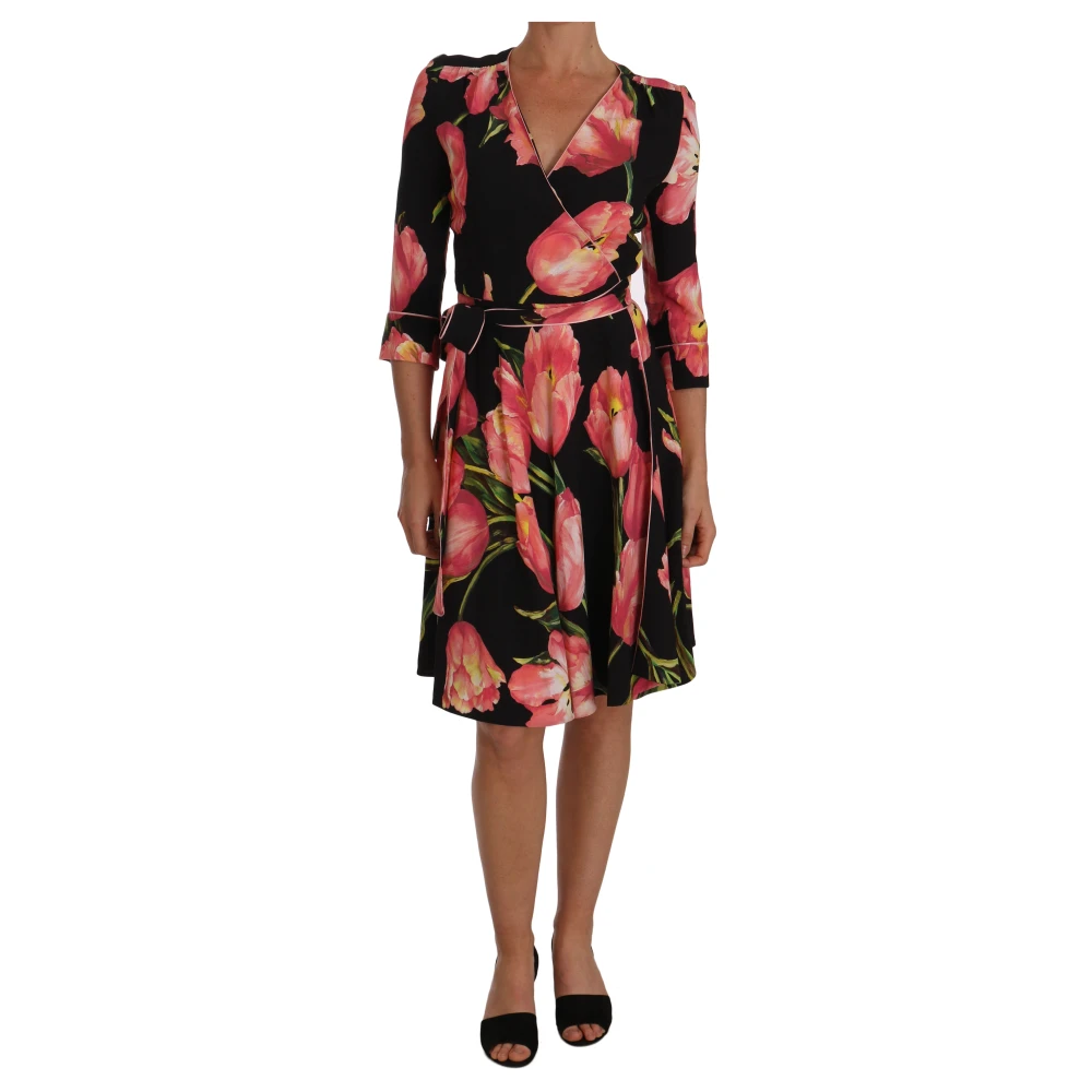 Dolce & Gabbana Multicolor Elegant Black Shift Dress With Pink Tulips Print - Female - Wrap Dresses - Xs - Dresses