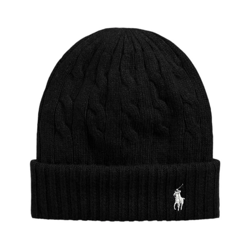 Ralph Lauren Zwarte Wol Kasjmier Beanie Kabelbrei Black Dames