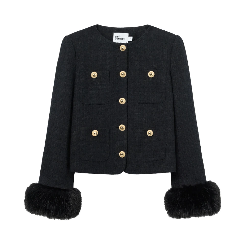 Self Portrait Black Boucle Fur Cuff Jacket - Female - Light Jackets - Xs - Jackets