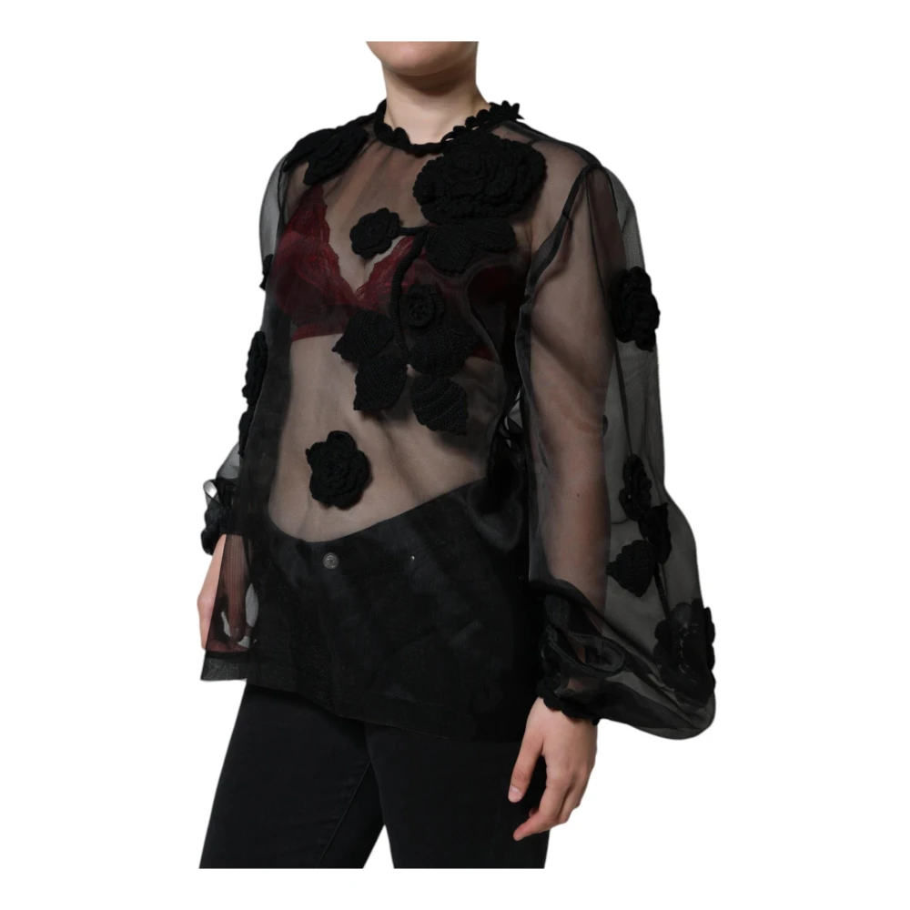 Dolce & Gabbana Bloemen Mesh Lange Mouw Blouse Black Dames