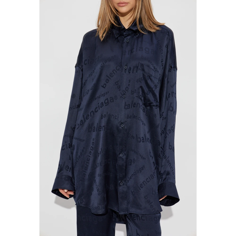Balenciaga Zijden shirt met logo Blue Dames