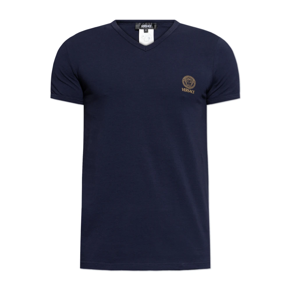 Versace Blauwe V-hals Medusa Greca T-shirt Blue Heren
