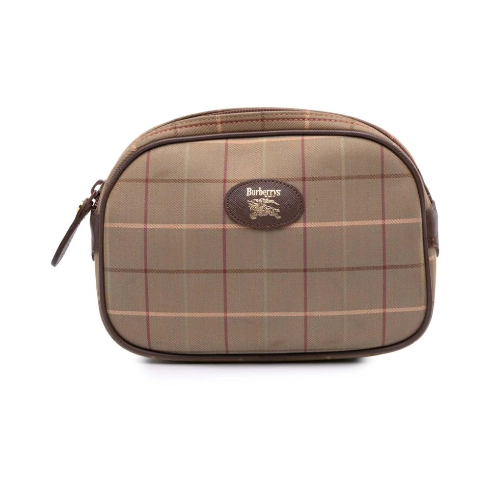 Burberry Vintage Women's Brown Pre-Owned Textile Accessory Bag With Plaid Pattern And Zip Closure