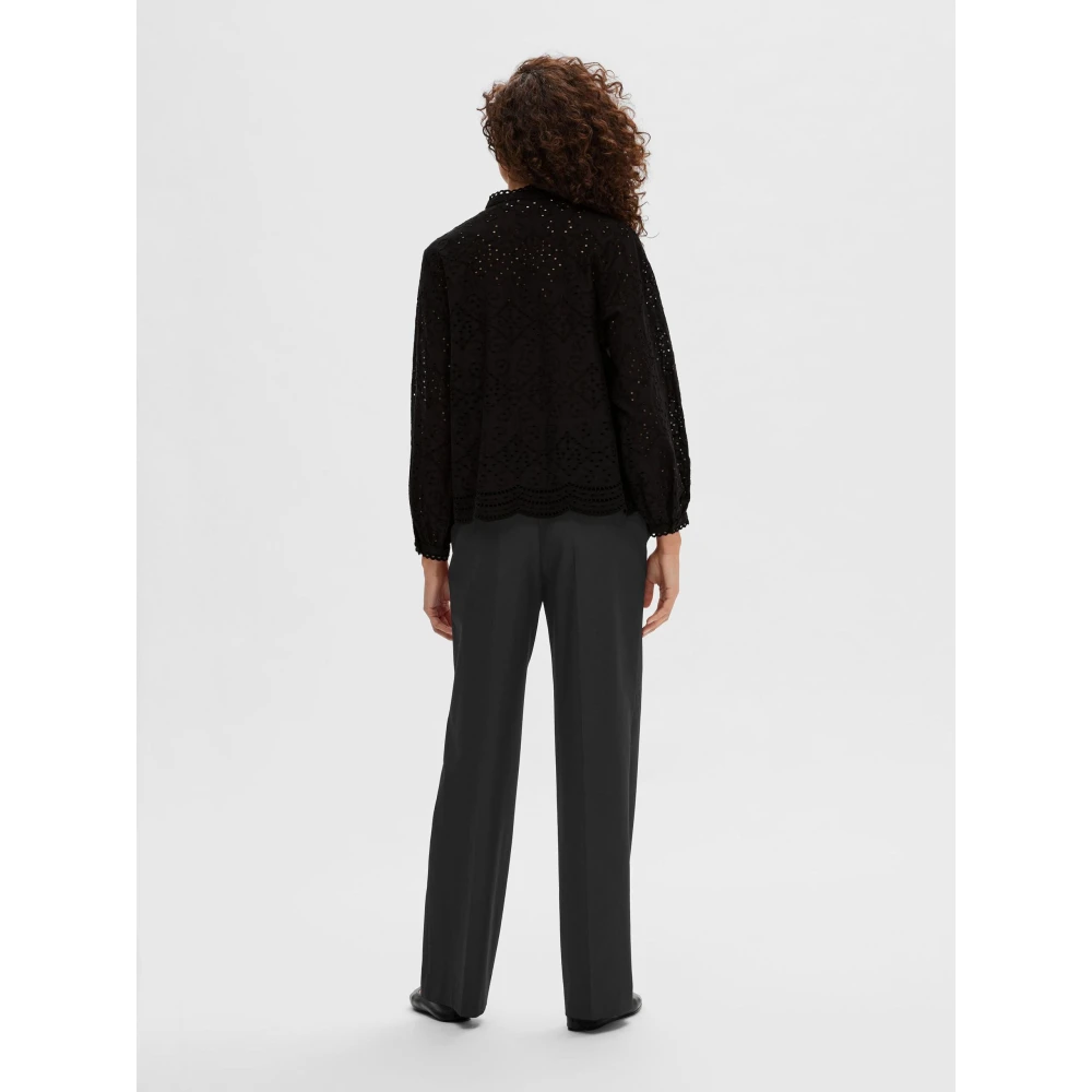 Selected Femme Geborduurde Katoenen Blouse met Geschulpte Kraag Black Dames