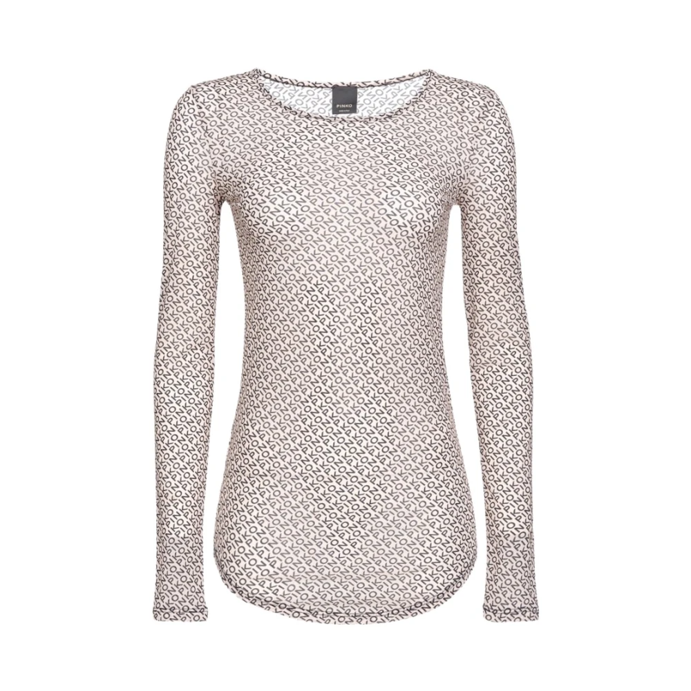 pinko Lange Mouw Charmeuse Top met All-Over Logo Print Beige Dames
