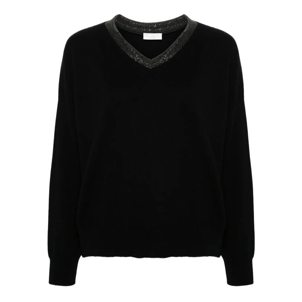 BRUNELLO CUCINELLI Zwarte Cashmere V-Hals Trui Black Dames
