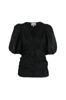 floral-jacquard-puff-sleeve-black-blouse