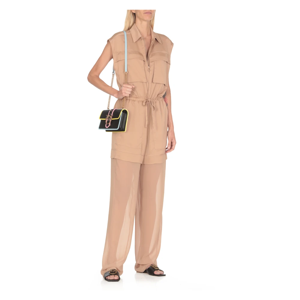 pinko Bruine Satijnen Jumpsuit Kraag Mouwloos Zakken Brown Dames