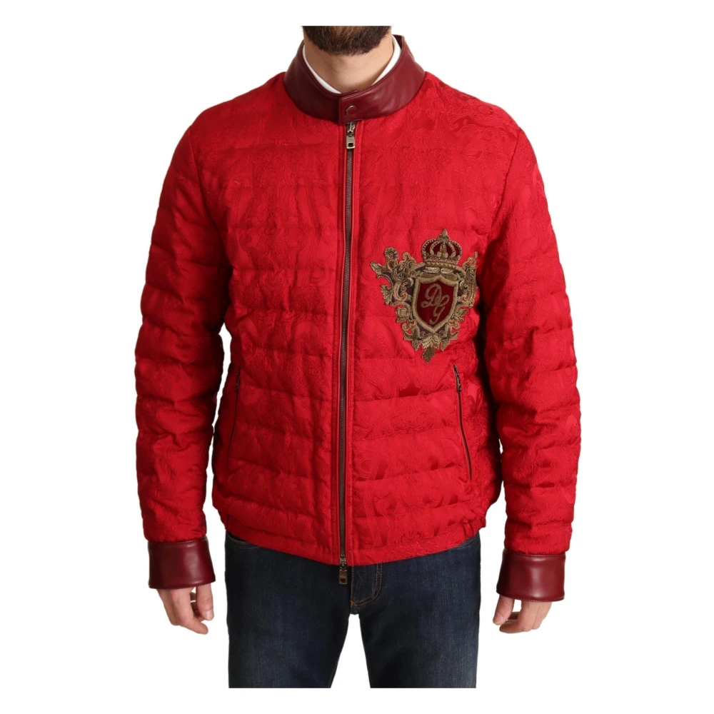 Dolce & Gabbana Röd Brokad Bomberjacka med Guld Crown Logo Red, Herr