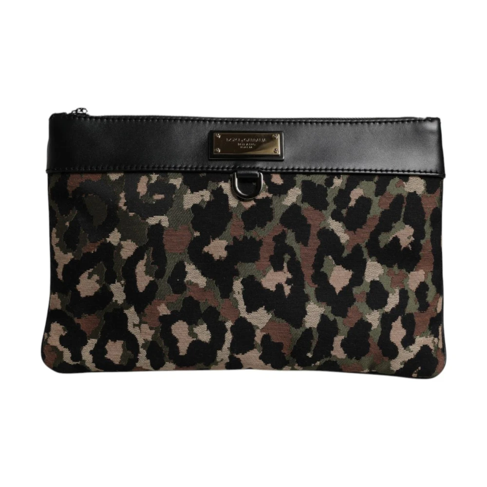Dolce & Gabbana Men's Leopard Jacquard Print Logo Plaque Pouch Bag