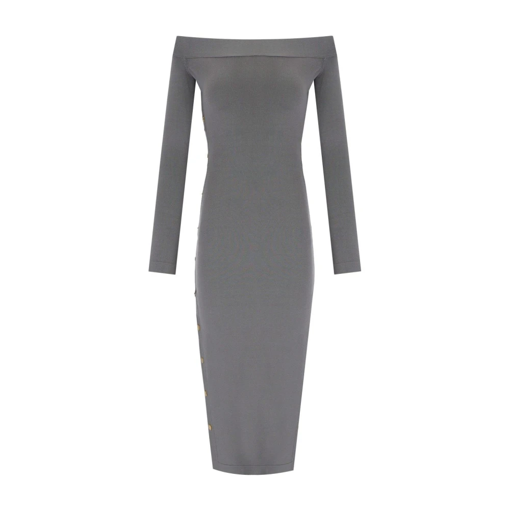 Elisabetta Franchi Gray Steel Knitted Midi Dress With Golden Buttons - Female - Midi Dresses - Xs - Dresses