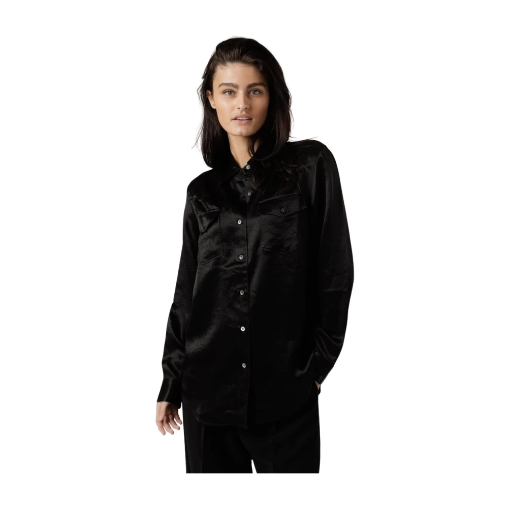 Closed Zwarte Satijnen Blouse met Klassieke Kraag Black Dames