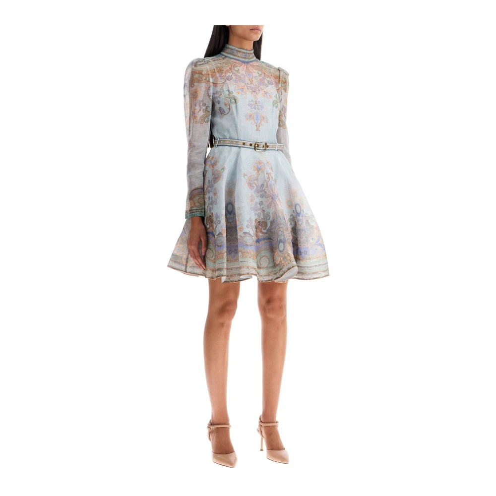 Zimmermann Gedrukte zijden mini-jurk met riem Blue Dames