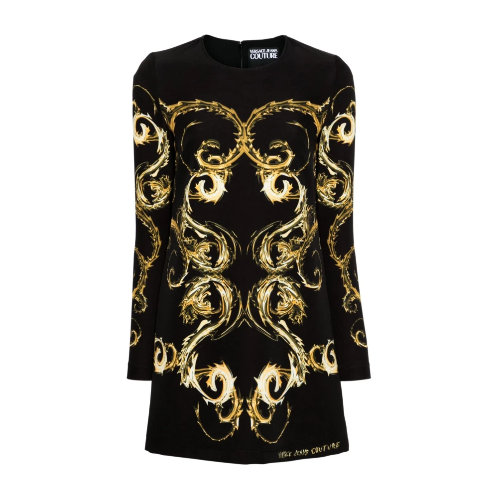 Versace Jeans Couture Zwarte Jurk met All Over Print en Lange Mouwen Multicolor Dames