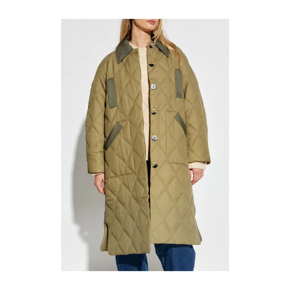 Ganni Gevoerde Groene Parka met Zijsplitten Green Dames