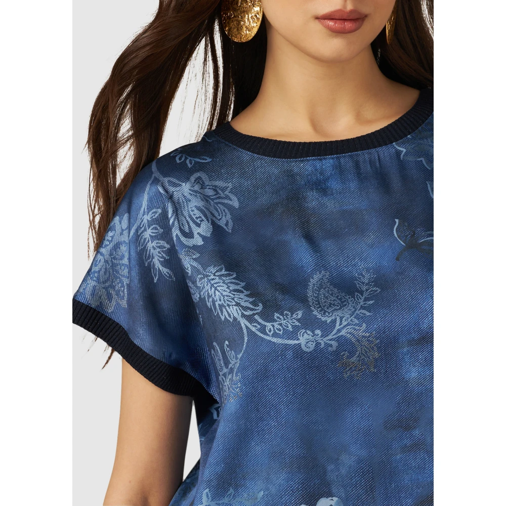Oltre Satin korte mouwen blouse met Lurex randen Blue Dames