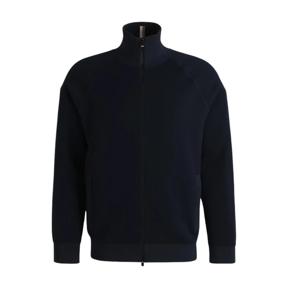 Hugo Boss Marinblå Dragkedja Cardigan Bomull Ull Blandning Blue, Herr