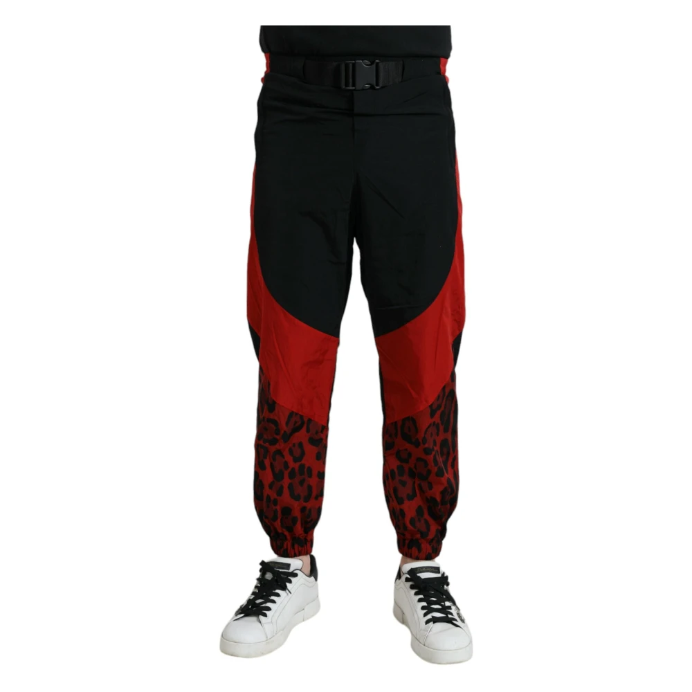 Dolce & Gabbana Herr Svart Byxor 2XL, Nylon, Leopardmönstrade Byxor Med Bälte I Midjan