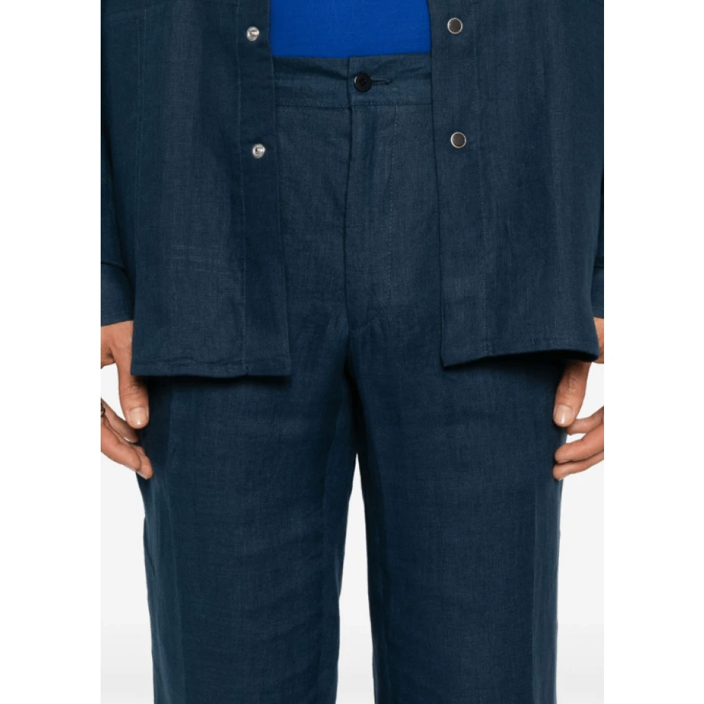 Kiton Navy Blue Linen Tapered Trousers Blue Heren