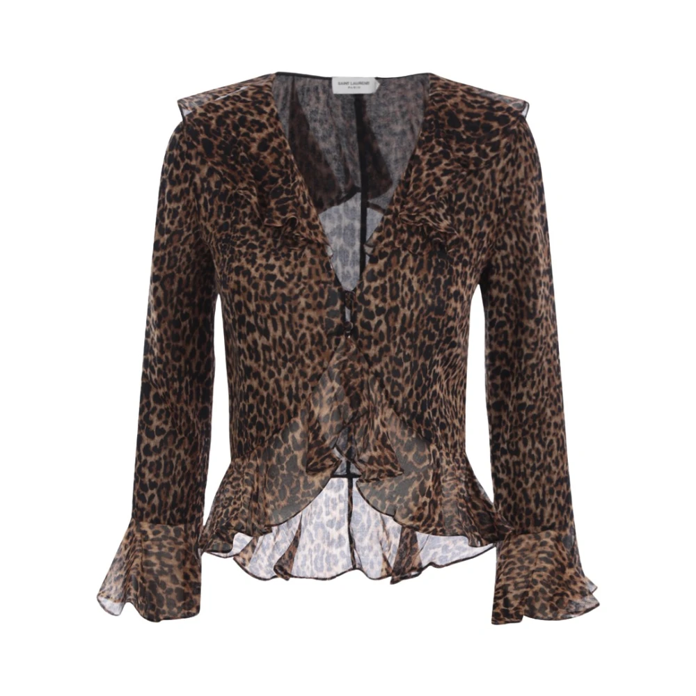 Saint Laurent Shirt met luipaardprint en ruches Brown Dames